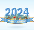 Merry Christmas 2024. Festive background with the date 2024, greeting card, vector composition design with New Year symbols on blue background with decorative ribbon and congratulation.