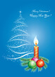 Christmas background with burning candle on pine branches with fir balls on blue background with Christmas tree. Vector illustration.