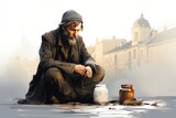 Fototapeta  - illustration of a homeless beggar sitting on the street and begging for money