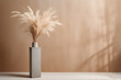 square stone vase with pampas grass on a minimalistic beige background