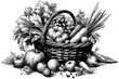 Basket with vegetables and fruits. Tomatoes, cucumbers, apples, carrots, pumpkin