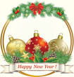 Happy New Year background with festive decoration beautiful Christmas tree balls on fir branches with snowflakes and rowan berries in gold rings. Merry Christmas 2024. Vector 3D illustration
