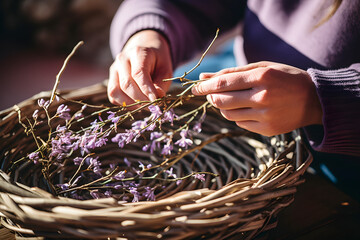 A close-up of hands weaving an Easter basket from natural willow branches.