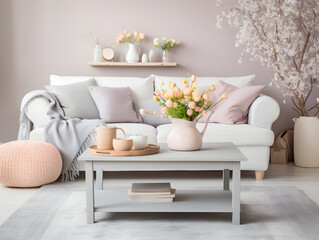 A cozy living room decorated for Easter with pastel colors and spring flowers.