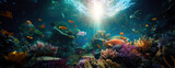 Fototapeta Fototapety do akwarium - Tropical sea underwater fishes on coral reef. Aquarium oceanarium wildlife colorful marine panorama landscape nature snorkel diving. AI Generative.