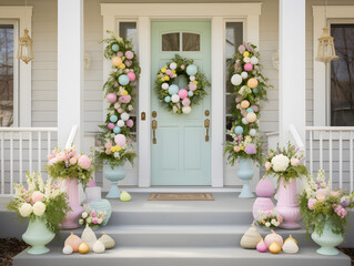 A front porch decorated for Easter with wreaths flowers and pastel banners.