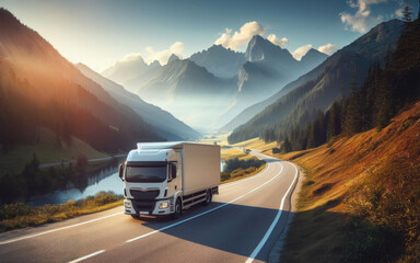 Large white transport truck transporting commercial cargo in semi trailer running on turning way highway road with scenic mountains mountaineous scenery in background.