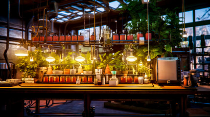 Wall Mural - Table topped with lots of potted plants next to wall of lights.