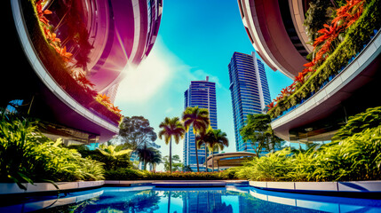 Sticker - Swimming pool surrounded by palm trees in front of high rise buildings in city.