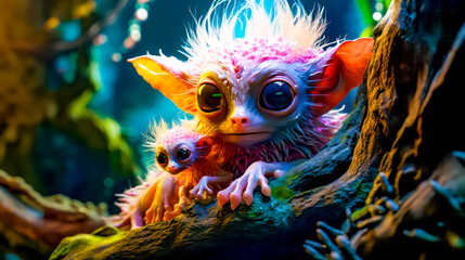 close up of small animal with big eyes on tree branch.