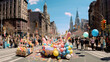 A panoramic view of a city street during an Easter parade with floats and costumed performers.