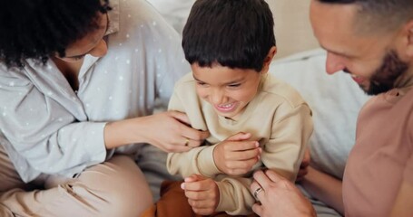 Poster - Happy, bedroom and parents tickling kid at their home having fun and bonding together on a weekend. Smile, playful and young mother and father playing with boy child on bed in modern house in Canada.