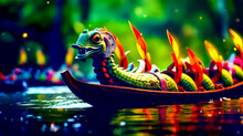 Green Dragon Boat Floating On Top Of Lake Next To Forest.