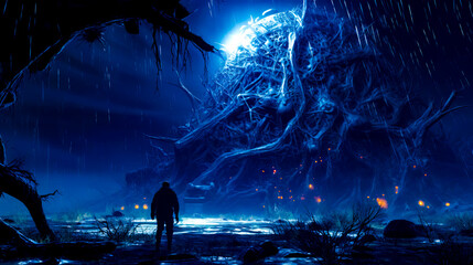 Wall Mural - Man standing in front of giant creature in dark forest at night.