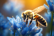 A Close-up Of A Honey Bee On A Blue Flower