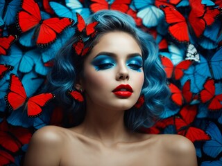 Wall Mural - Surreal portrait of a woman with blue makeup in her eyes and red lips with colorful butterflies in the background. Abstract photo in pop art collage style.