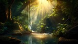 A beautiful fairytale enchanted jungle rainforest with sunbeams. Enchanted tropical rain forest