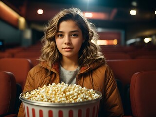 Wall Mural - A teenage girl holds a bucket of popcorn in a movie theater.