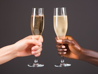 Wall Mural - AI-generated illustration of two people's hands holding up two glasses of champagne as in a toast. MidJourney.