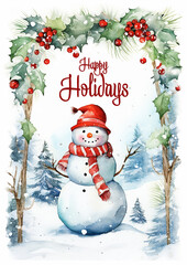 Wall Mural - A watercolor snowman Christmas card, Happy Holidays