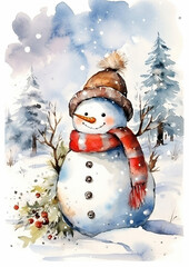 Wall Mural - A watercolor snowman Christmas card