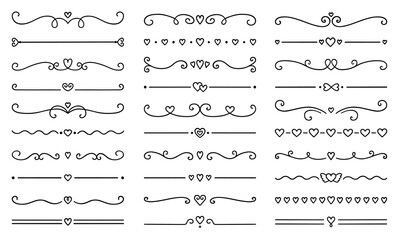 Wall Mural - text dividers with hearts doodle set. wedding decorative elements. divider ornament, borders, lines.