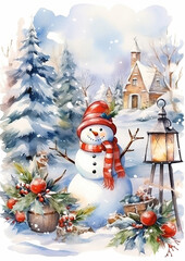 Wall Mural - A watercolor snowman Christmas card