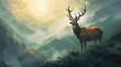 a fierce and noble looking white deer silhouetted on top of a mountain peak in Wales, surrounded by a thick ground fog. Background of grand old oak trees, sky, forest and mountains. God rays.
