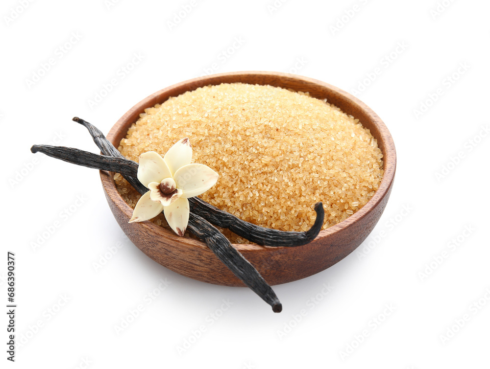 Bowl with aromatic vanilla sugar, flower and sticks on white background