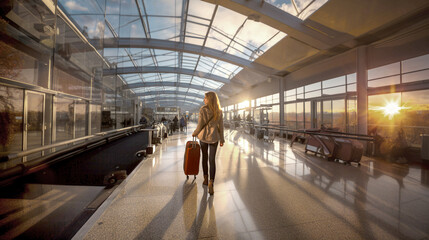 Young woman, rolling her suitcase, strolls through the vast, well-lit corridors of a modern international airport