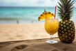 Close-up of a fruity cocktail with pineapple slice and umbrella on a beach. Generative AI