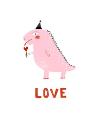 Wall Mural - Funny Valentine's Day Vector Card with Cute Pink Dinosaur with Red Lillipop. Crayon Drawing-like Pastel Pink Dino Wearing Black Party Hat on a White Background. Handwritten LOVE. RGB. Abstract Doodle.