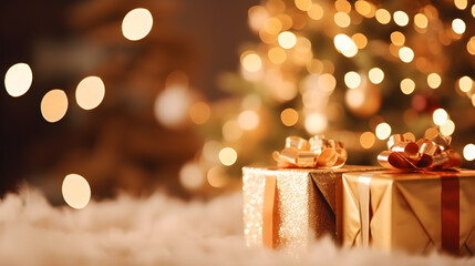 two golden gift boxes in front of a christmas tree - shallow depth of field - Generative AI