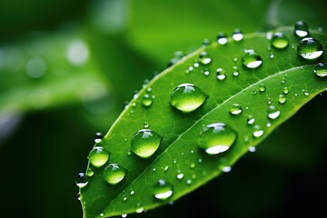  Close-up of green leaves. Dew drops on living plants. Droplets on leaves.