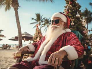 Wall Mural - A Photo Of Santa Claus Wearing Sunglasses And Shorts Lounging On A Beach With A Tropical Drink Surrounded By Palm Trees Decorated With Christmas Light