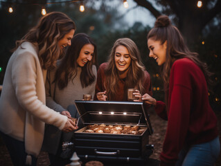 Wall Mural - A Photo Of A Group Of Friends Having A Christmas Cookie Baking Session Outdoors Using A Portable Oven In A Park