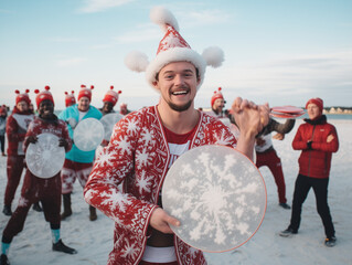 Wall Mural - A Photo Of A Christmas-Themed Beach Frisbee Tournament With Players In Holiday Costumes And A Frisbee Designed Like A Snowflake