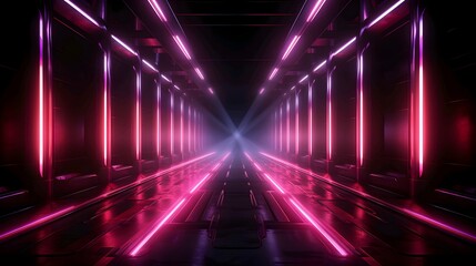 Wall Mural - Futuristic neon tunnel with pink and purple lights, creating a symmetrical vanishing point.