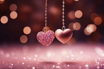 Two decorative hearts. Background with selective focus and copy space