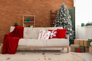 Sticker - Interior of festive living room with cozy white sofa and Christmas decorations