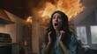 © DigitalArt - A woman screams in alarm at a kitchen fire, a strong image for fire safety awareness and insurance services.