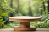 Fototapeta  - Travertine round podium in serene spa setting perfect for showcasing beauty products 