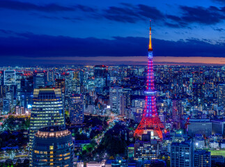 Wall Mural - HDR image of Tokyo tower with Diamond Veil light up and Tokyo cityscape at magic hour.