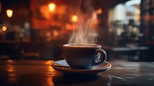 A Cup Of Cappuccino Coffee Brewed With Smoke Hot Water.