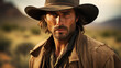 Portrait of cowboy like in western movie, face of young bearded man wearing hat and brown vintage outfit on blur background. Concept of wild west, outlaw, handsome people
