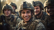 Portrait of soldiers looking at camera, faces of smiling men in modern uniform. Happy group of military male in forest. Concept of war, Middle East, army, Israel, young people