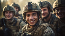 Portrait Of Soldiers Looking At Camera, Faces Of Smiling Men In Modern Uniform. Happy Group Of Military Male In Forest. Concept Of War, Middle East, Army, Israel, Young People