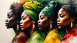 Black history month celebration, watercolor illustration of group of African women looking bravely, black people power .Black history month African American history celebration Women's day banner.