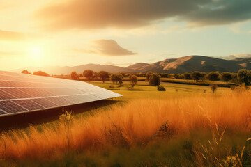 Wall Mural - Solar panel system, Photovoltaic panels on the roof at sunrise and sunset in countryside from above. 3d render illustration. Generative AI.