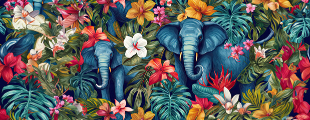 Tropical exotic pattern with animal and flowers in bright colors and lush vegetation. Ai Generative.